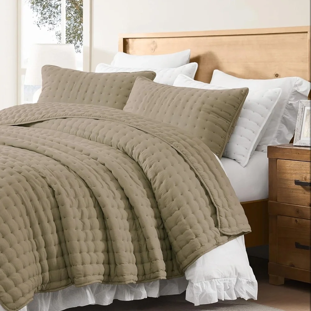 🆕 PB Style Queen Set Tan Latte Quilt Coverlet 3 Piece Pick Stitch Tufted Mocha